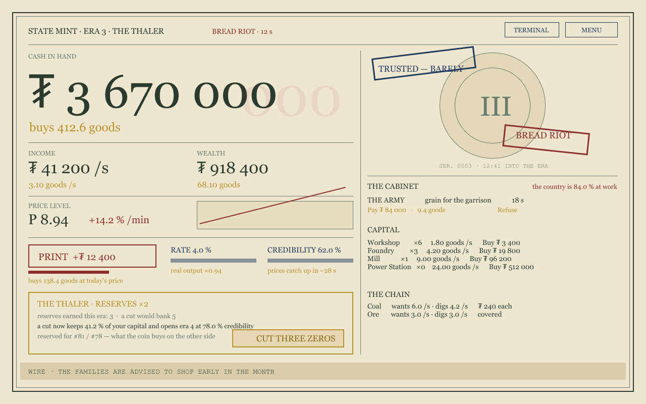 The money screen on 2 September, with your cash, the price level, what the government wants and the CUT THREE ZEROS button